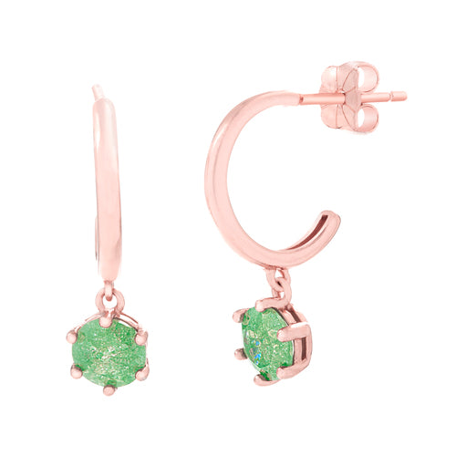 Sterling Silver Rose Gold W/ Green Stone Huggie Earrings