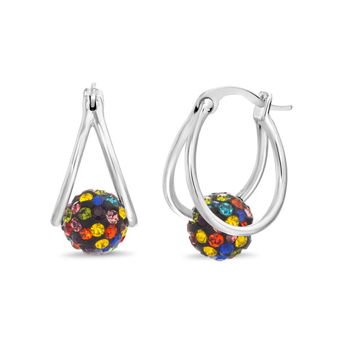 Sterling Silver Multi-color Rainbow Crystal Ball Hoop Earrings