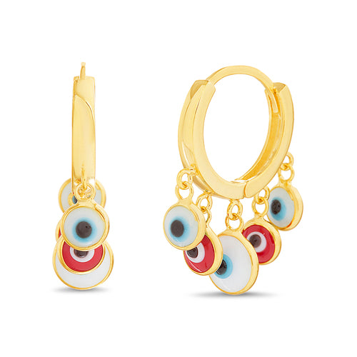Sterling Silver Gold Plated Multicolored Evil Eye Dangle Huggie Earrings