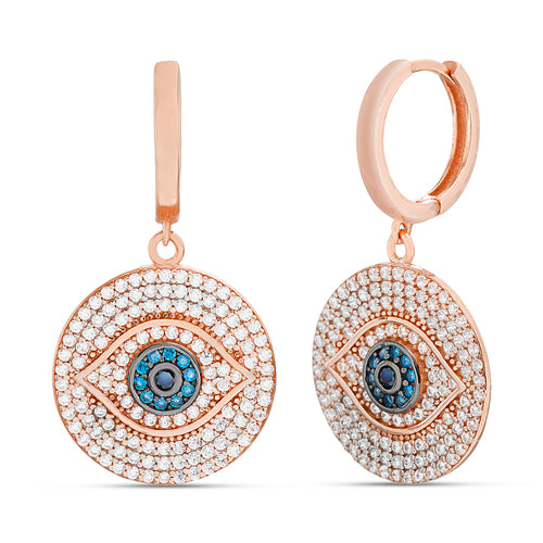 Sterling Silver Rose Gold Plated Evil Eye Dangle Disc Huggie