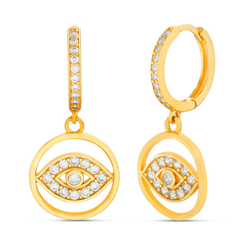 Sterling Silver Gold Plated CZ Evil Eye Dangle Disc Huggie Earrings