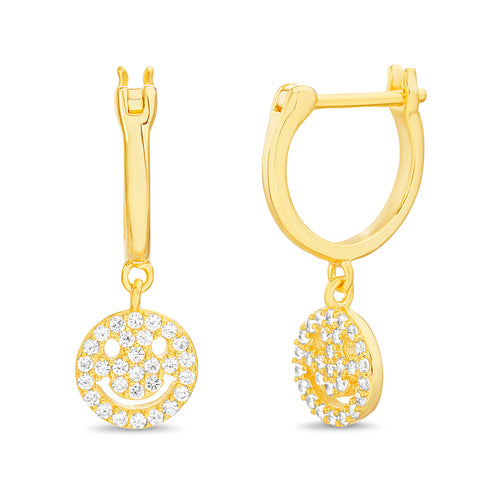 Sterling Silver Gold Plated Smiley Face Dangle Huggie Earrings