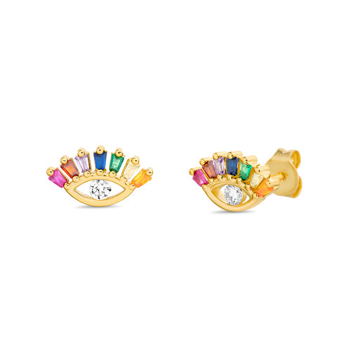 Sterling Silver 14K Gold Plated Evil Eye Baguette Multi Color CZ and Bezel CZ Center Post Earrings