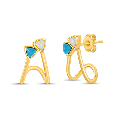 Sterling Silver Gold Plated Opal & Turquoise Triangle CZ Split Huggie Earrings