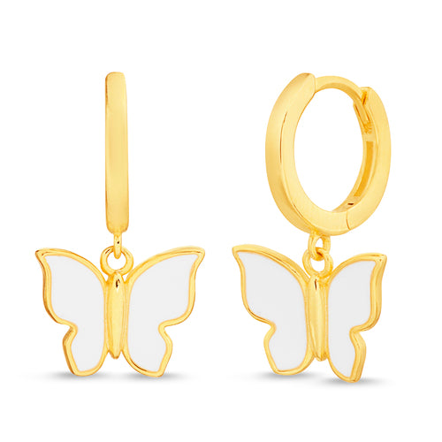 Sterling Silver Gold Plated White Enamel Dangle Butterfly Earrings