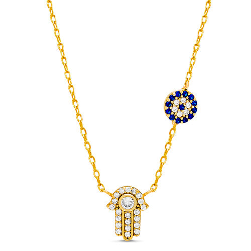 Sterling Silver Gold CZ Hamsa & Evil Eye Necklace