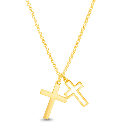 Sterling Silver Gold Plated Polished Duo Cross Dangle Necklace