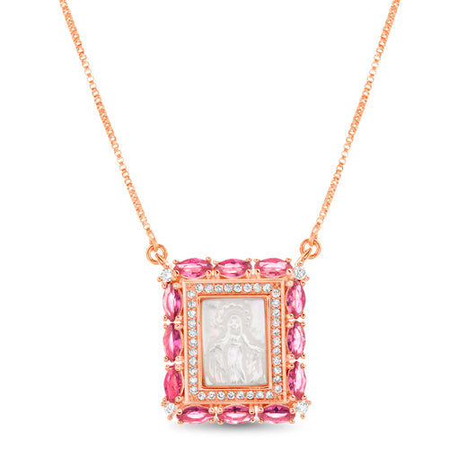 Sterling Silver Rose Gold Plated "Virgin Mary" Center w/ Multi Colored CZ Border Necklace