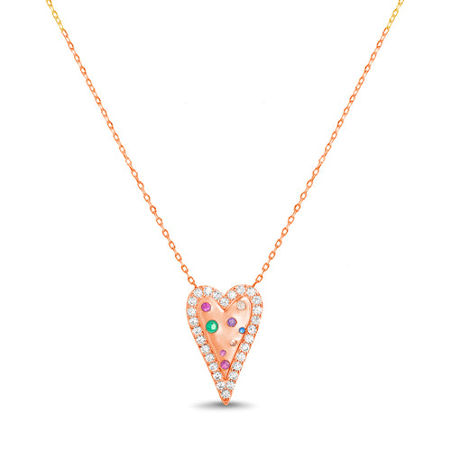 Sterling Silver Rose Gold Multi Color CZ Heart Necklace