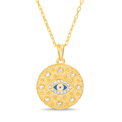 Sterling Silver Gold Plated CZ Evil Eye Round Pendant on Cable Chain