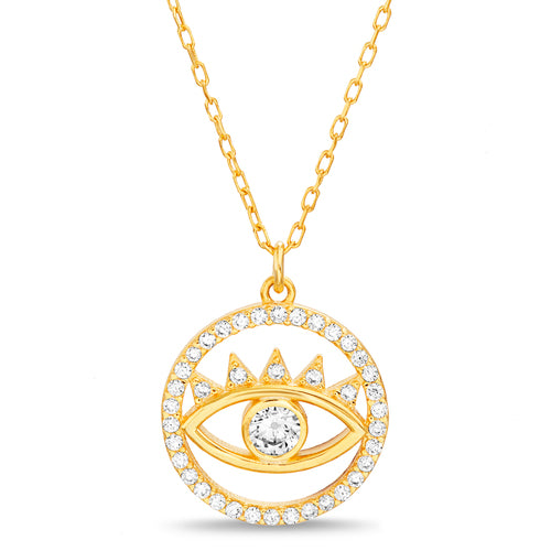 Sterling Silver Gold Plated CZ Pave Evil Eye Round Pendant