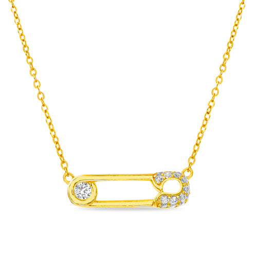 Sterling Silver Gold Plated CZ Safety Pin Necklace