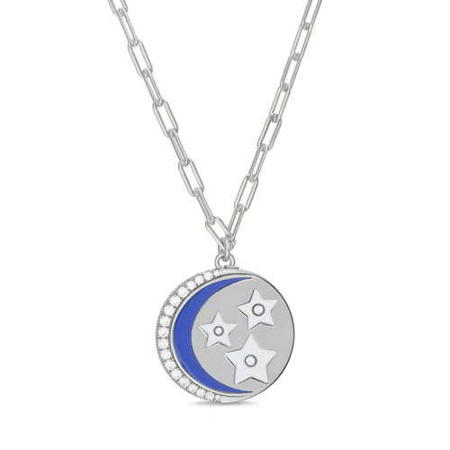 Sterling Silver Multi Color Enamel W/ CZ Crescent & Stars Necklace