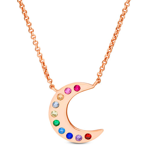 Sterling Silver Rose Gold Plated Multi Color Crescent Moon Necklace