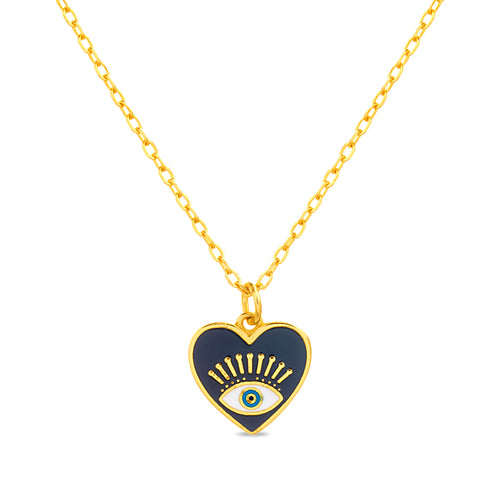 Sterling Silver Gold Plated Black Enamel Heart w/ Evil Eye