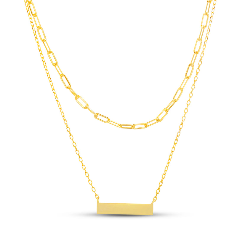 GOLD BAR STATION CABLE/PAPER CLIP CHAIN DOUBLE LAYERED NECKLACE - Atlanta Jewelers Supply