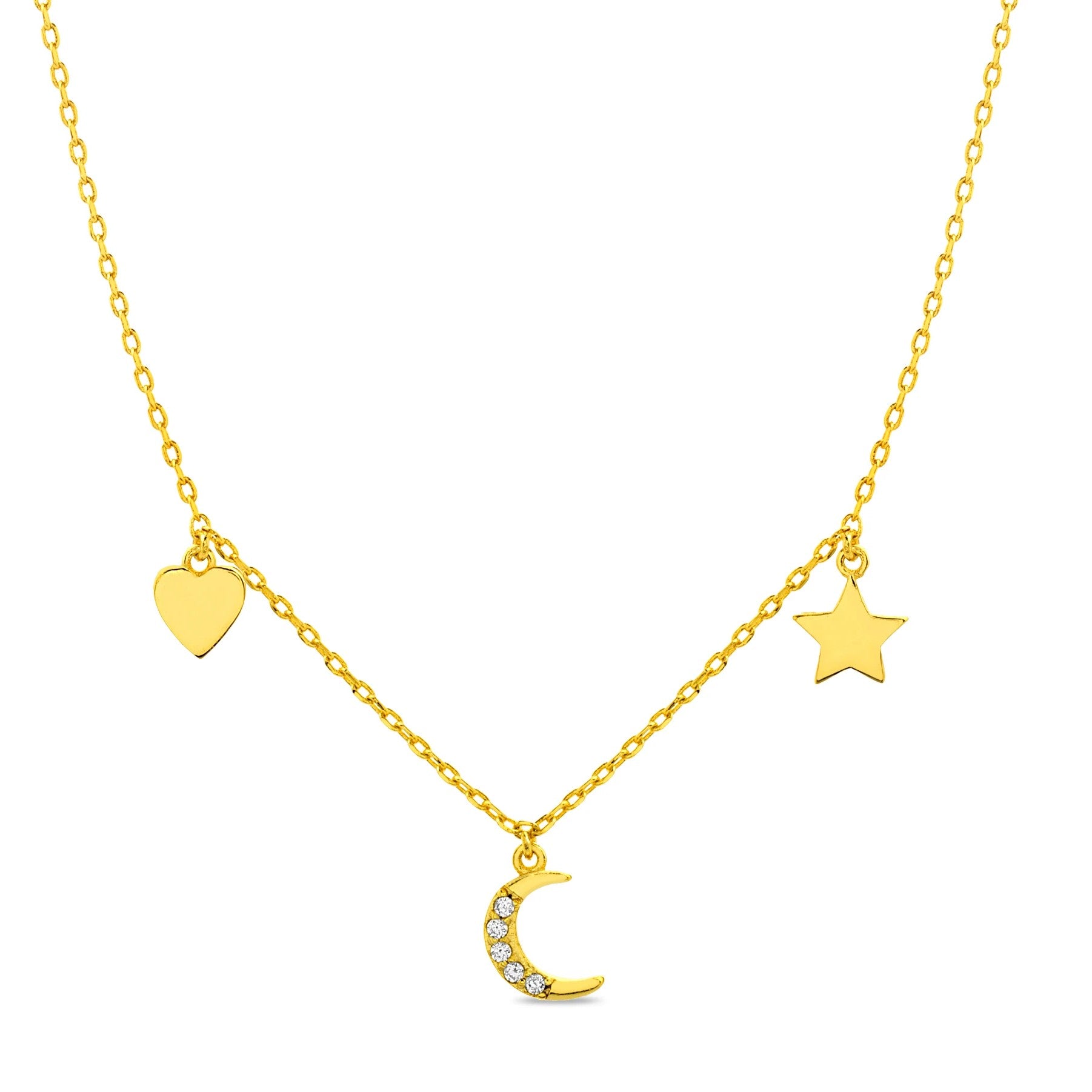 Sterling Silver CZ CRESCENT, HEART, STAR DANGLE STATION NECKLACE in Gold color - Atlanta Jewelers Supply