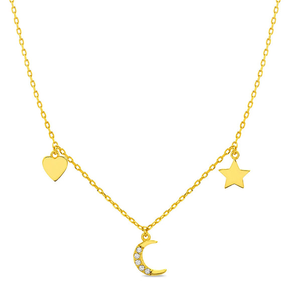 Sterling Silver CZ CRESCENT, HEART, STAR DANGLE STATION NECKLACE in Gold color - Atlanta Jewelers Supply