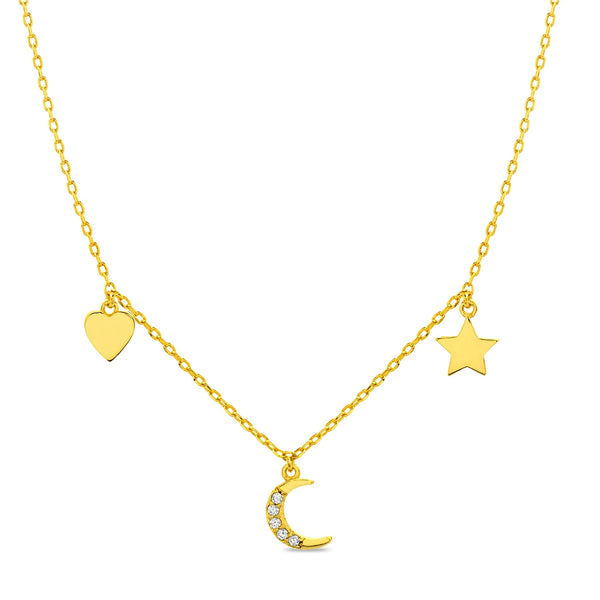 Sterling Silver CZ CRESCENT, HEART, STAR DANGLE STATION NECKLACE in Gold color - Atlanta Jewelers Supply