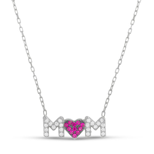 Sterling Silver CZ Mom Heart Necklace