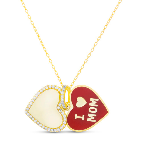 Sterling Silver Gold Plated Enamel/CZ Heart Border w/ Slide Open "I <3 Mom" Dangle Necklace