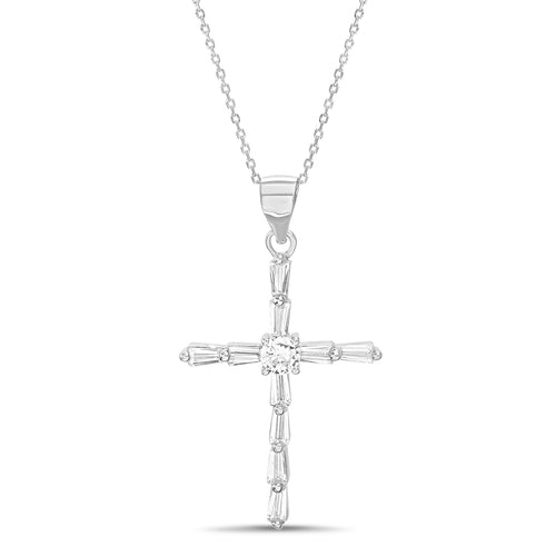 Sterling Silver Baguette Cross Necklace with Round CZ Center