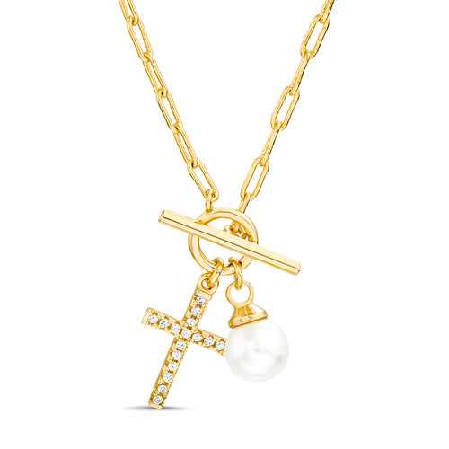 Sterling Silver Gold Plated Pearl CZ Cross Paper Clip Necklace
