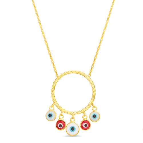 Sterling Silver Gold Plated Enamel CZ Evil Eye on a Rope Circle Pendant