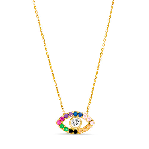 Sterling Silver Gold Plated CZ Multi Color Evil Eye Necklace