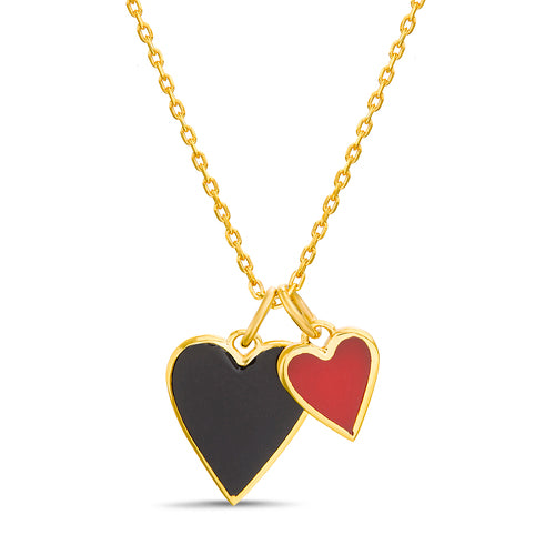 Sterling Silver Gold Plated Black and Red Enamel Two Heart Necklace
