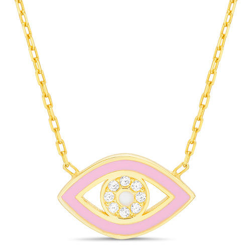 Sterling Silver Gold Plated Pink Enamel Evil Eye Necklace