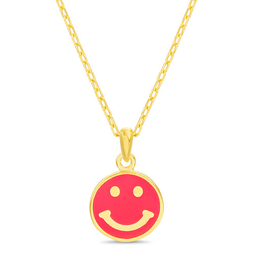 Sterling Silver Gold Plated Pink Enamel Smiley Face Necklace
