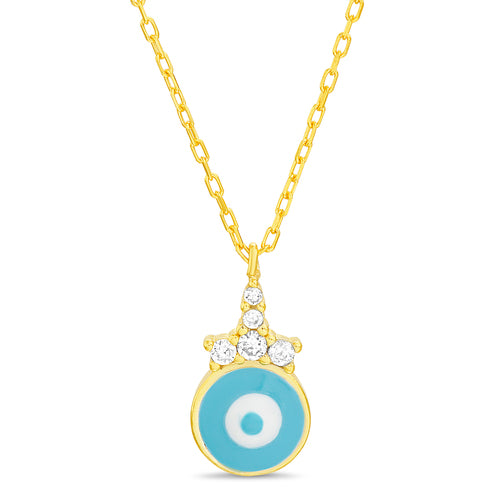 Sterling Silver Gold Plated CZ Turquoise Enamel Evil Eye Necklace