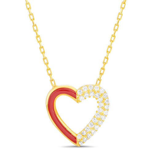 Sterling Silver Gold Plated Red Enamel Open Heart CZ Necklace