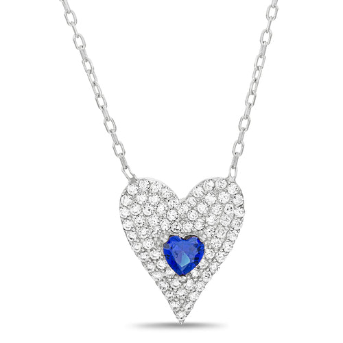 Sterling Silver CZ Heart Pendant w/ Heart Gemstone Center Necklace (2 Styles)