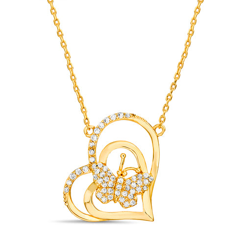 Sterling Silver Gold Plated Double Heart W/ CZ Pave Butterfly Necklace