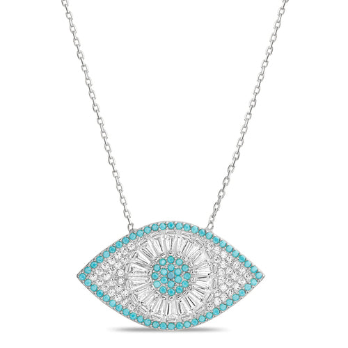 Sterling Silver Clear Baguette CZ & Turquoise Border Evil Eye Necklace