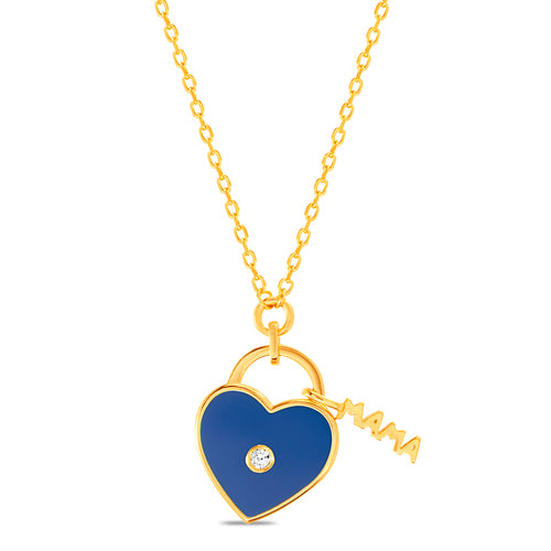 Sterling Silver Blue Enamel Heart Pendant W/ MAMA Charm Neclace