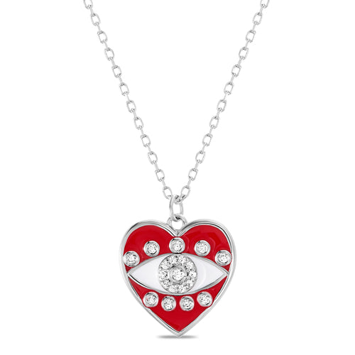 Sterling Silver Red Enamel Accent Heart Evil Eye Necklace