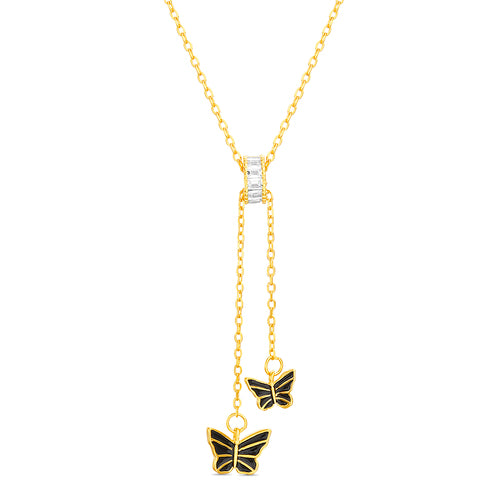 Sterling Silver Gold Plated CZ Baguette Rondelle W/ Black Enameled Butterfly Dangle Necklace
