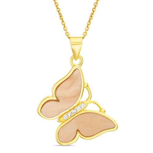Sterling Silver Gold Plated Champaign Mother of Pearl Butterfly Pendant Necklace