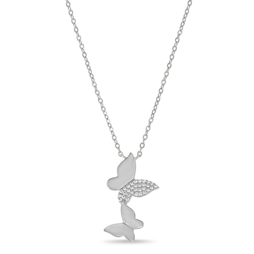 Sterling Silver Half Wing Pave 2 Butterfly Necklace