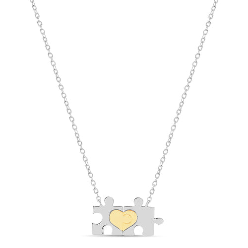 Sterling Silver Two Tone Gold Heart on 2 Puzzle Piece Necklace