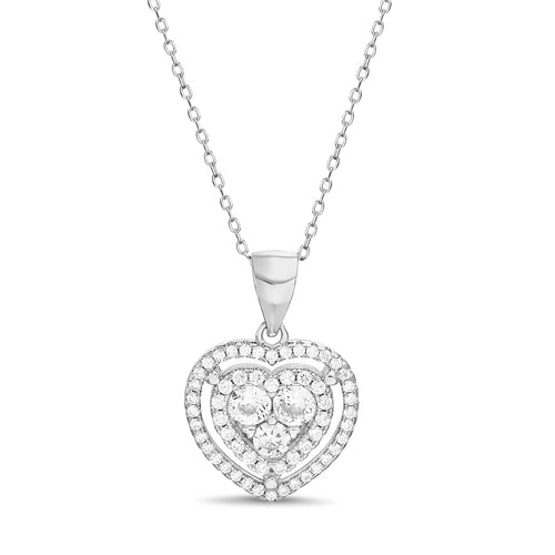 Sterling Silver Pave Heart Halo Pendant on Cable Chain Necklace