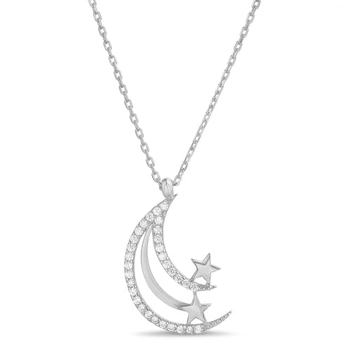 Sterling Silver Spiral Moon Pendant W/Polished Stars on Cable Chain