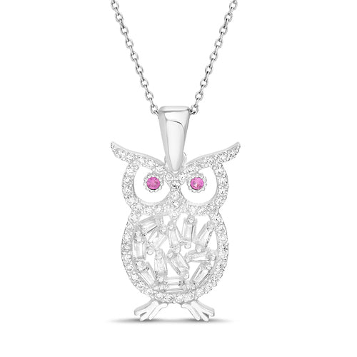 Sterling Silver Owl W/ Pave w/ Pink Cz Station on eyes and CZ Baguette Pendant