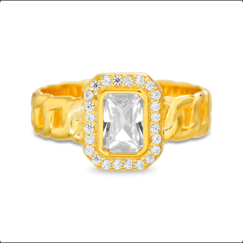GOLD EMERALD CUT CZ W/ CZ BORDER RING - Atlanta Jewelers Supply