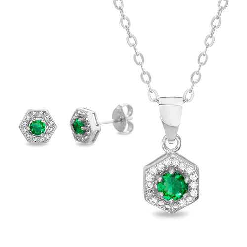CZ Hexagon W/ CZ Border Post Earring & Cable Necklace Duo Set (3 Styles) (Chain not Included) - Atlanta Jewelers Supply