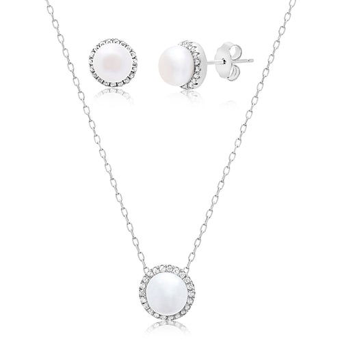 Sterling Silver Pearl/CZ Border Necklace/Earrings Set