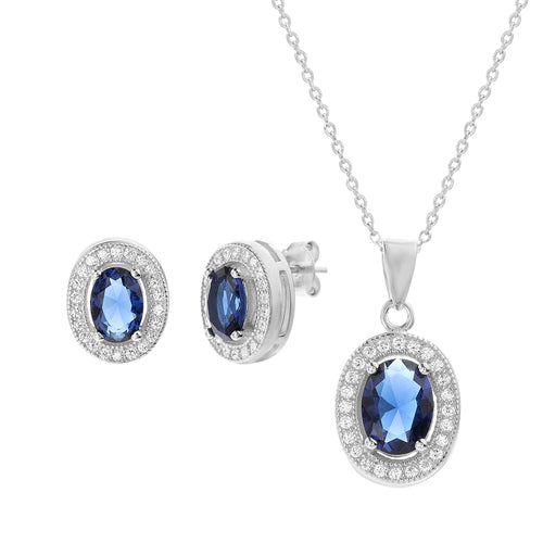 Sterling Silver Sapphire Blue Oval Halo Set (Chain not Included) - Atlanta Jewelers Supply